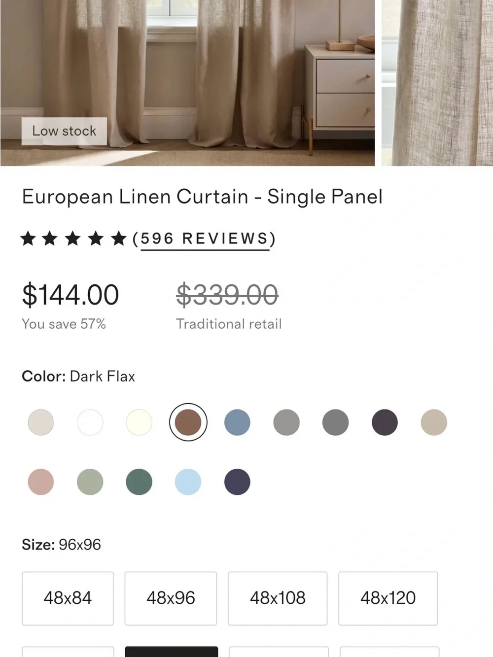 Quince European Luxe Linen Curtain Panel Dark Flax 96x96 (one panel)